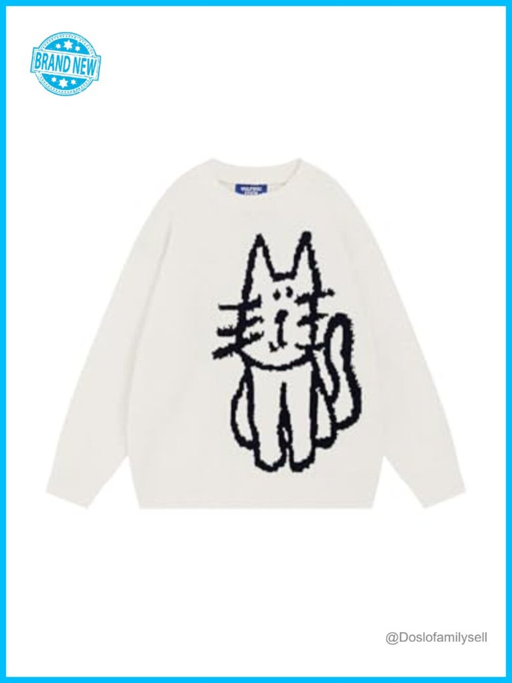 Aelfric Eden Oversized Pullover Sweater Hand Drawn Cat Graphic Crewneck